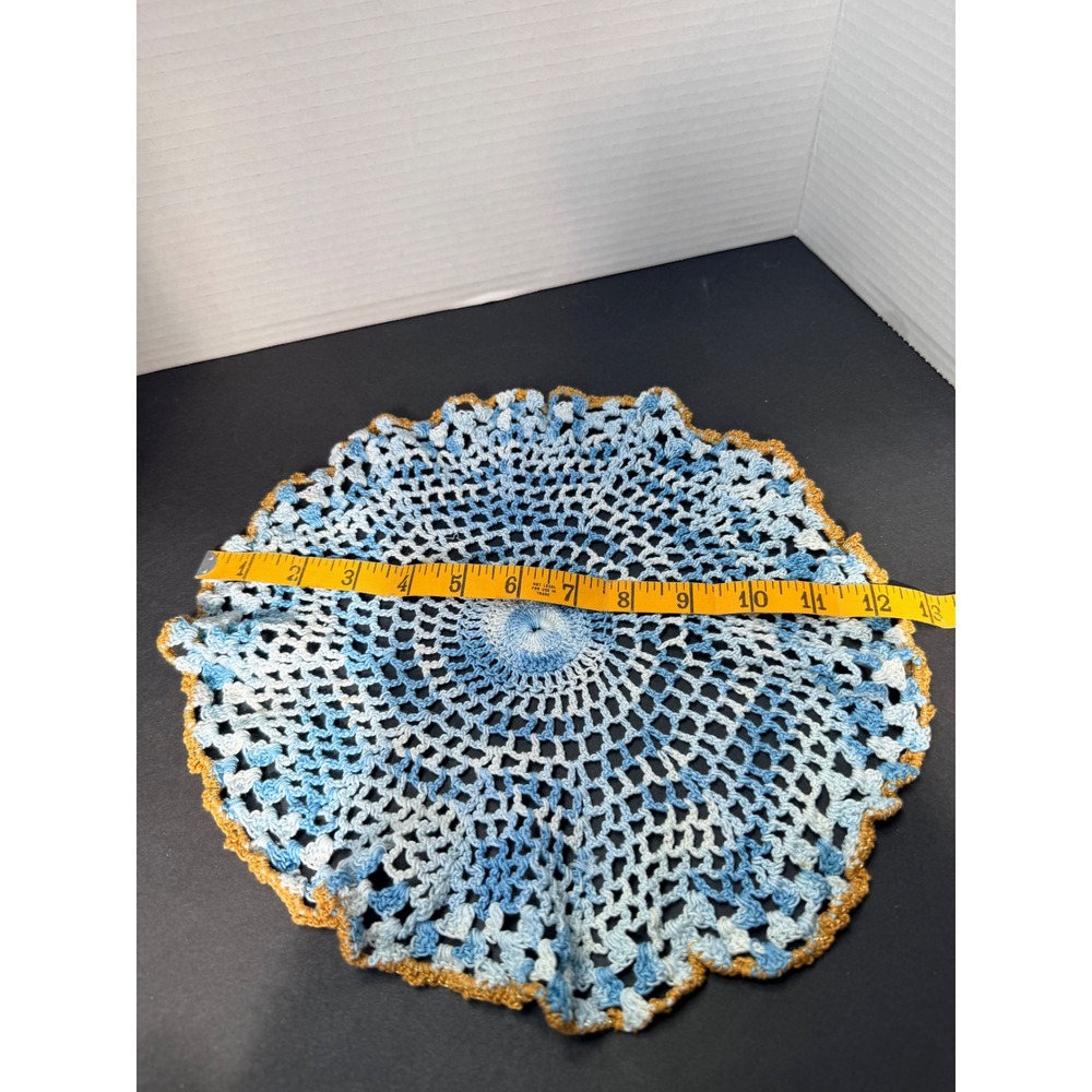 Handmade Crochet Doily Variegated Blue White Gold Metallic Trim Round Lace 12.5" - Picture 3 of 3